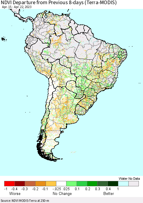 South America NDVI Departure from Previous 8-days (Terra-MODIS) Thematic Map For 4/15/2023 - 4/22/2023