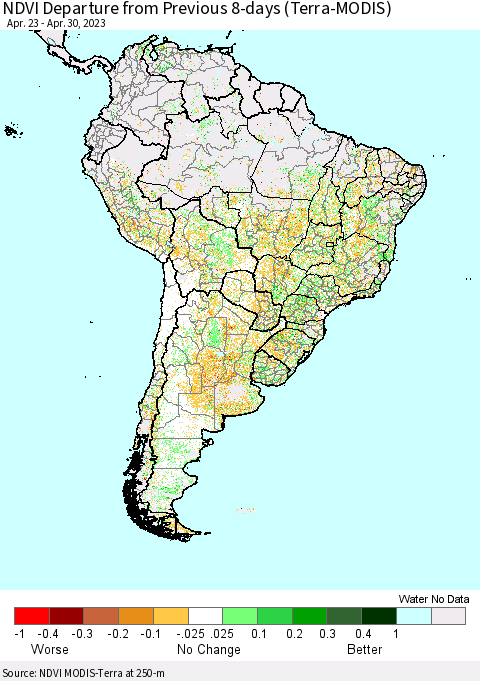 South America NDVI Departure from Previous 8-days (Terra-MODIS) Thematic Map For 4/23/2023 - 4/30/2023