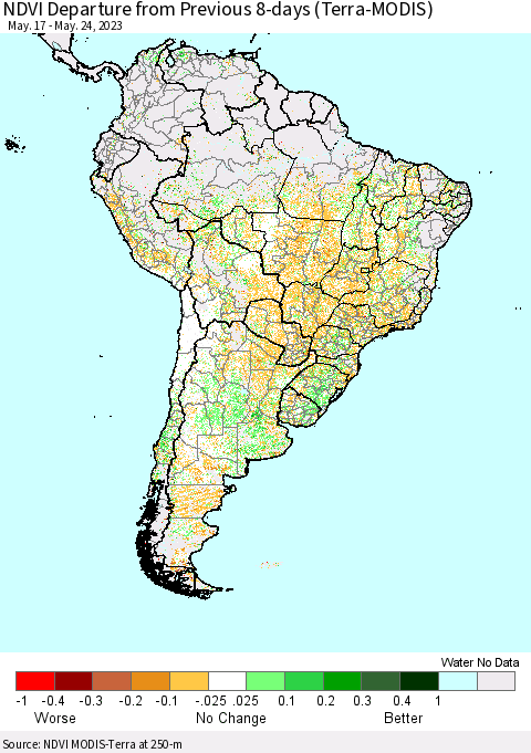 South America NDVI Departure from Previous 8-days (Terra-MODIS) Thematic Map For 5/17/2023 - 5/24/2023
