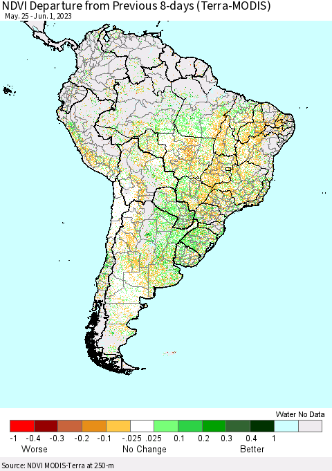 South America NDVI Departure from Previous 8-days (Terra-MODIS) Thematic Map For 5/25/2023 - 6/1/2023