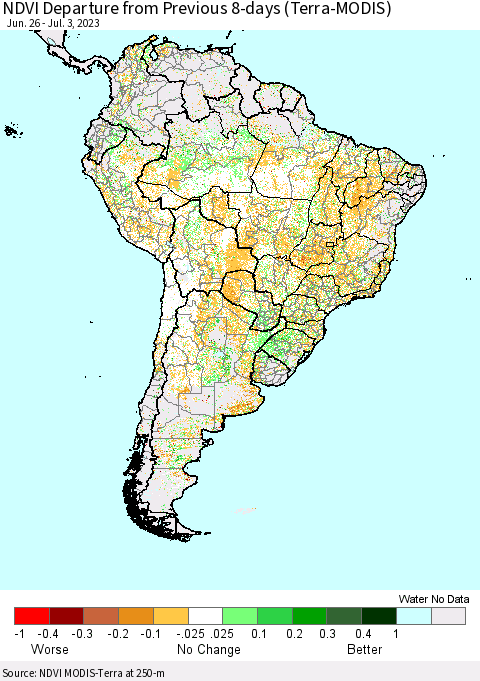 South America NDVI Departure from Previous 8-days (Terra-MODIS) Thematic Map For 6/26/2023 - 7/3/2023