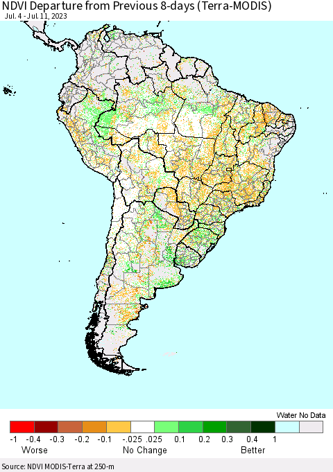 South America NDVI Departure from Previous 8-days (Terra-MODIS) Thematic Map For 7/4/2023 - 7/11/2023