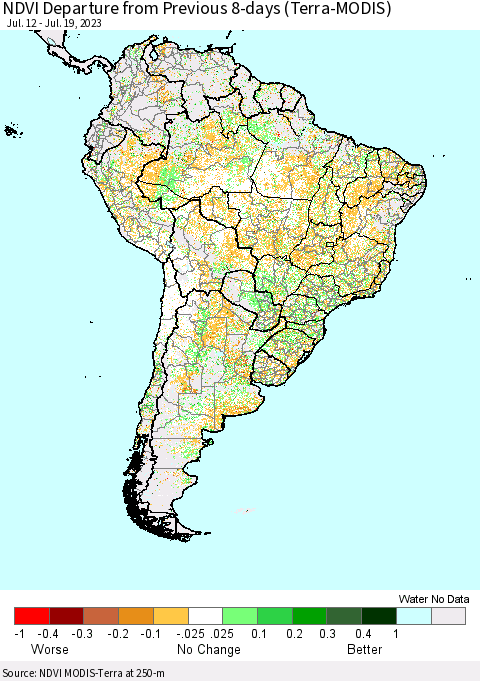 South America NDVI Departure from Previous 8-days (Terra-MODIS) Thematic Map For 7/12/2023 - 7/19/2023