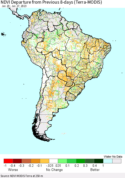 South America NDVI Departure from Previous 8-days (Terra-MODIS) Thematic Map For 7/20/2023 - 7/27/2023