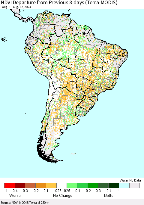 South America NDVI Departure from Previous 8-days (Terra-MODIS) Thematic Map For 8/5/2023 - 8/12/2023