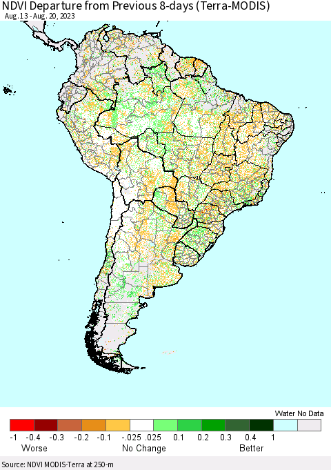 South America NDVI Departure from Previous 8-days (Terra-MODIS) Thematic Map For 8/13/2023 - 8/20/2023
