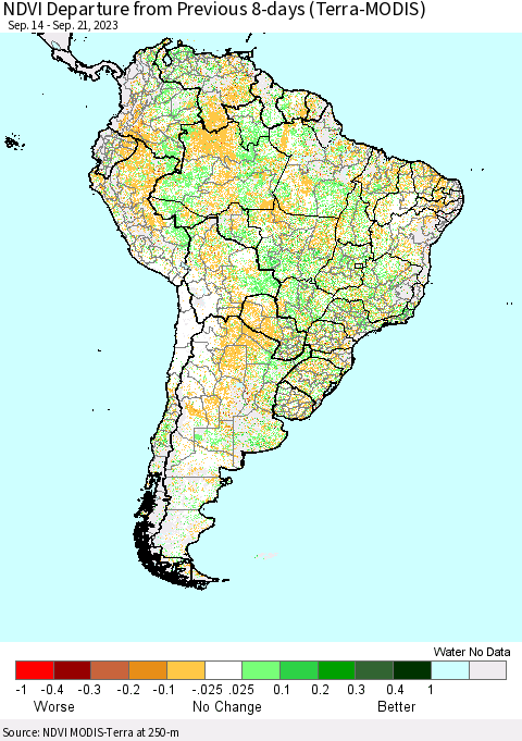 South America NDVI Departure from Previous 8-days (Terra-MODIS) Thematic Map For 9/14/2023 - 9/21/2023