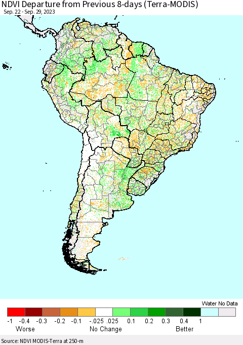 South America NDVI Departure from Previous 8-days (Terra-MODIS) Thematic Map For 9/22/2023 - 9/29/2023