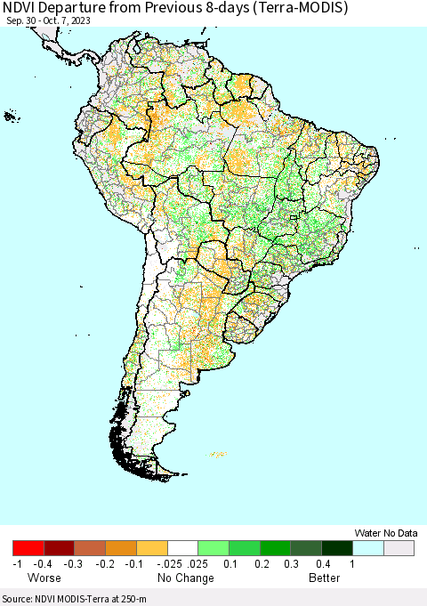 South America NDVI Departure from Previous 8-days (Terra-MODIS) Thematic Map For 9/30/2023 - 10/7/2023