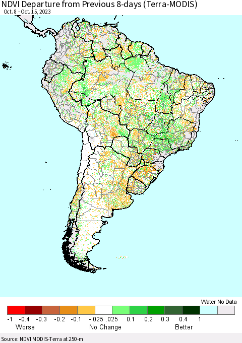 South America NDVI Departure from Previous 8-days (Terra-MODIS) Thematic Map For 10/8/2023 - 10/15/2023