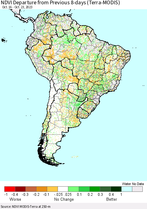 South America NDVI Departure from Previous 8-days (Terra-MODIS) Thematic Map For 10/16/2023 - 10/23/2023