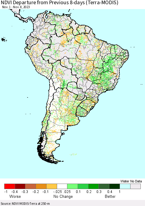 South America NDVI Departure from Previous 8-days (Terra-MODIS) Thematic Map For 11/1/2023 - 11/8/2023