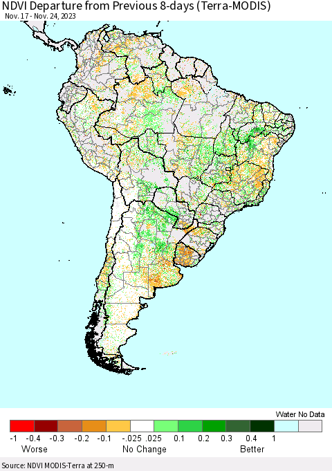 South America NDVI Departure from Previous 8-days (Terra-MODIS) Thematic Map For 11/17/2023 - 11/24/2023