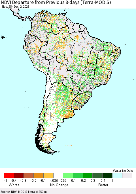 South America NDVI Departure from Previous 8-days (Terra-MODIS) Thematic Map For 11/25/2023 - 12/2/2023