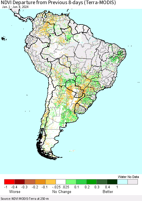 South America NDVI Departure from Previous 8-days (Terra-MODIS) Thematic Map For 1/1/2024 - 1/8/2024