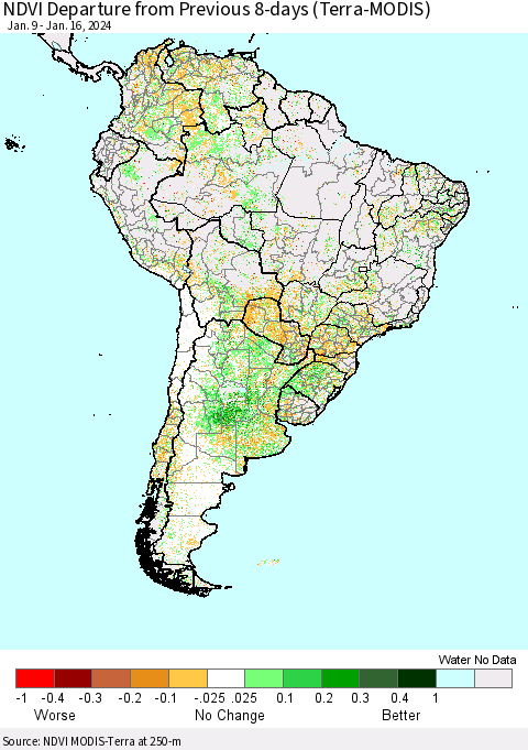 South America NDVI Departure from Previous 8-days (Terra-MODIS) Thematic Map For 1/9/2024 - 1/16/2024