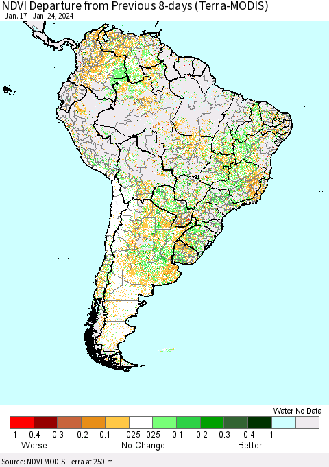 South America NDVI Departure from Previous 8-days (Terra-MODIS) Thematic Map For 1/17/2024 - 1/24/2024