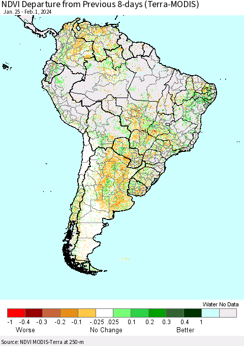 South America NDVI Departure from Previous 8-days (Terra-MODIS) Thematic Map For 1/25/2024 - 2/1/2024