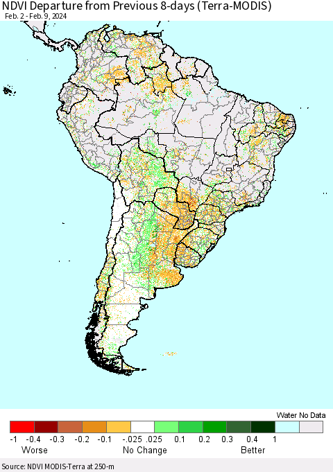 South America NDVI Departure from Previous 8-days (Terra-MODIS) Thematic Map For 2/2/2024 - 2/9/2024