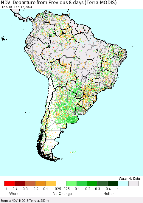 South America NDVI Departure from Previous 8-days (Terra-MODIS) Thematic Map For 2/10/2024 - 2/17/2024