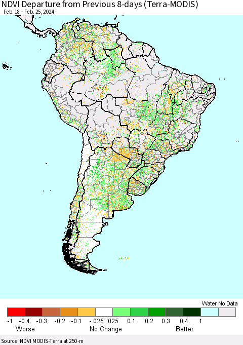 South America NDVI Departure from Previous 8-days (Terra-MODIS) Thematic Map For 2/18/2024 - 2/25/2024
