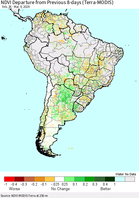 South America NDVI Departure from Previous 8-days (Terra-MODIS) Thematic Map For 2/26/2024 - 3/4/2024