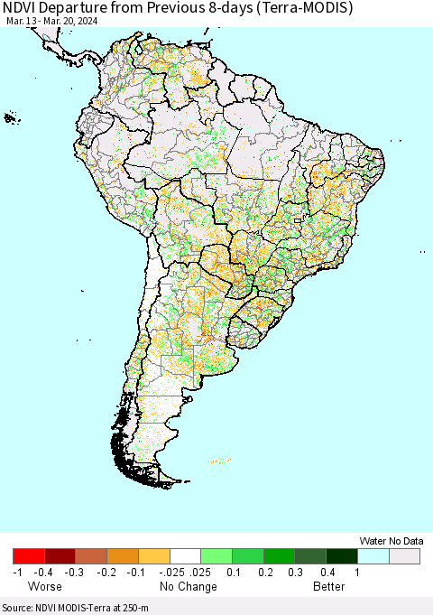 South America NDVI Departure from Previous 8-days (Terra-MODIS) Thematic Map For 3/13/2024 - 3/20/2024