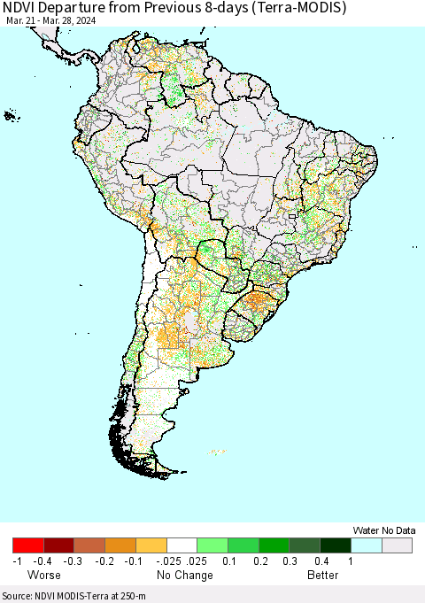 South America NDVI Departure from Previous 8-days (Terra-MODIS) Thematic Map For 3/21/2024 - 3/28/2024