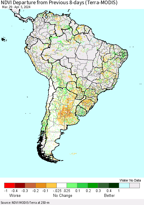 South America NDVI Departure from Previous 8-days (Terra-MODIS) Thematic Map For 3/29/2024 - 4/5/2024