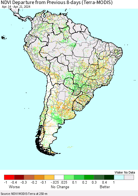 South America NDVI Departure from Previous 8-days (Terra-MODIS) Thematic Map For 4/14/2024 - 4/21/2024