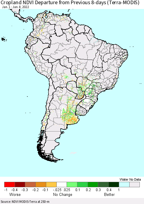 South America Cropland NDVI Departure from Previous 8-days (Terra-MODIS) Thematic Map For 1/1/2022 - 1/8/2022