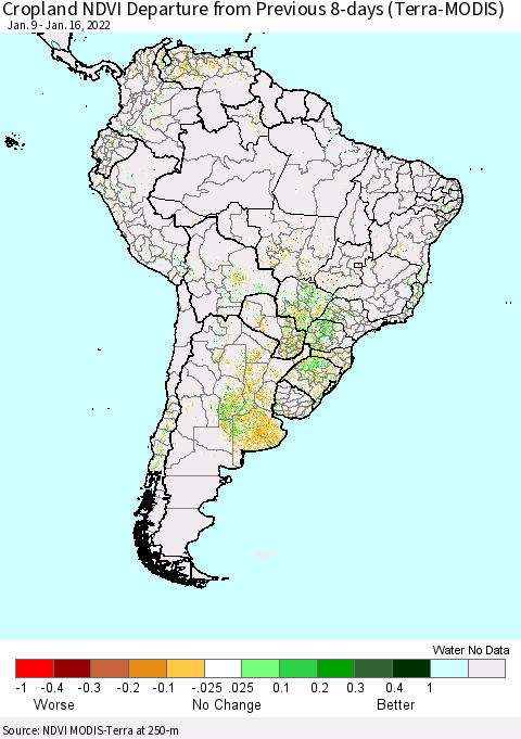 South America Cropland NDVI Departure from Previous 8-days (Terra-MODIS) Thematic Map For 1/9/2022 - 1/16/2022