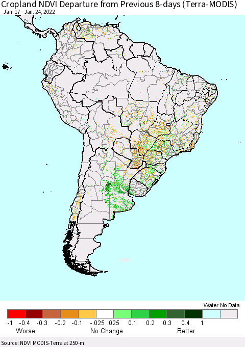 South America Cropland NDVI Departure from Previous 8-days (Terra-MODIS) Thematic Map For 1/17/2022 - 1/24/2022