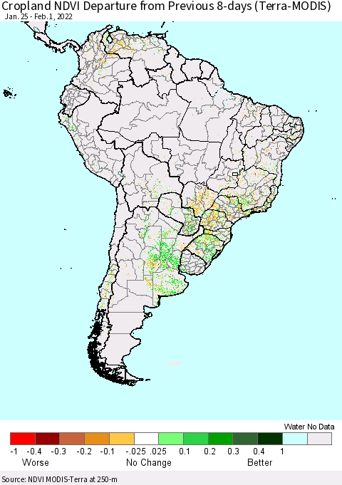 South America Cropland NDVI Departure from Previous 8-days (Terra-MODIS) Thematic Map For 1/25/2022 - 2/1/2022