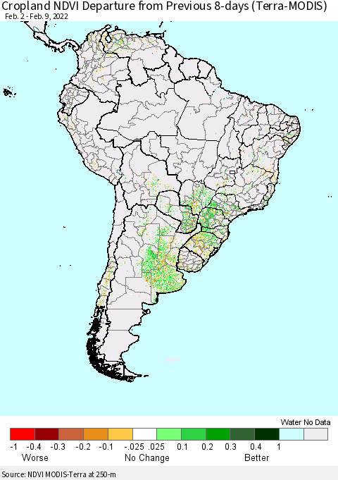 South America Cropland NDVI Departure from Previous 8-days (Terra-MODIS) Thematic Map For 2/2/2022 - 2/9/2022