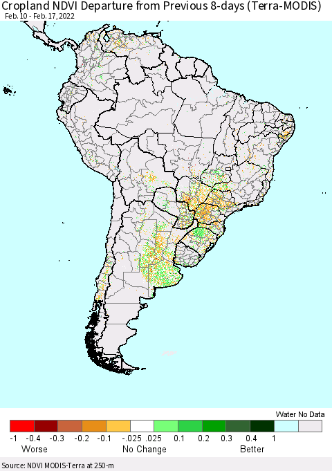 South America Cropland NDVI Departure from Previous 8-days (Terra-MODIS) Thematic Map For 2/10/2022 - 2/17/2022