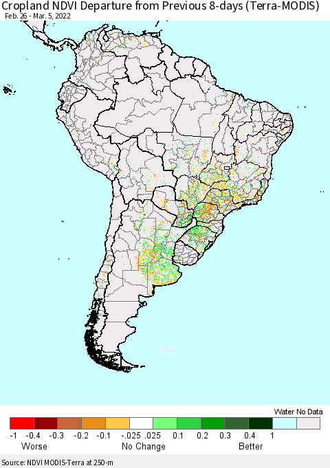 South America Cropland NDVI Departure from Previous 8-days (Terra-MODIS) Thematic Map For 2/26/2022 - 3/5/2022