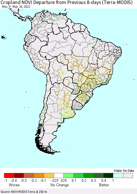 South America Cropland NDVI Departure from Previous 8-days (Terra-MODIS) Thematic Map For 5/9/2022 - 5/16/2022