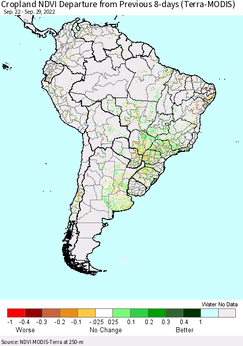 South America Cropland NDVI Departure from Previous 8-days (Terra-MODIS) Thematic Map For 9/22/2022 - 9/29/2022