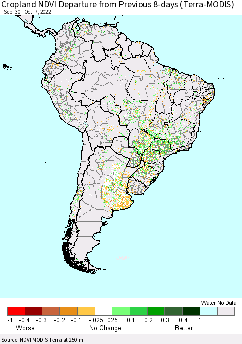 South America Cropland NDVI Departure from Previous 8-days (Terra-MODIS) Thematic Map For 9/30/2022 - 10/7/2022