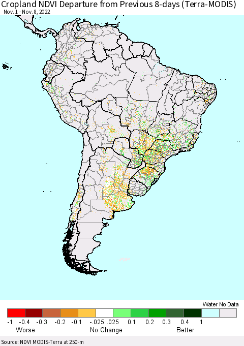 South America Cropland NDVI Departure from Previous 8-days (Terra-MODIS) Thematic Map For 11/1/2022 - 11/8/2022