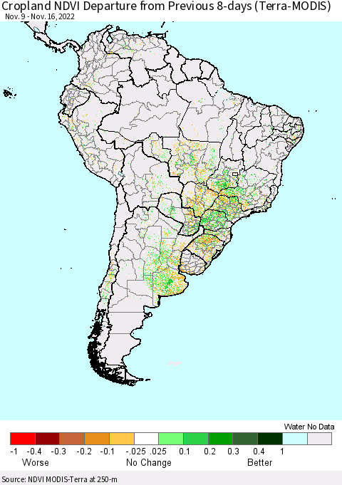 South America Cropland NDVI Departure from Previous 8-days (Terra-MODIS) Thematic Map For 11/9/2022 - 11/16/2022