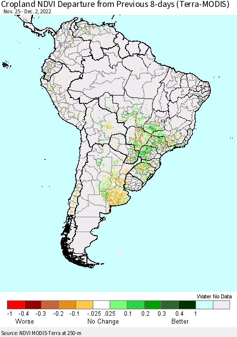 South America Cropland NDVI Departure from Previous 8-days (Terra-MODIS) Thematic Map For 11/25/2022 - 12/2/2022