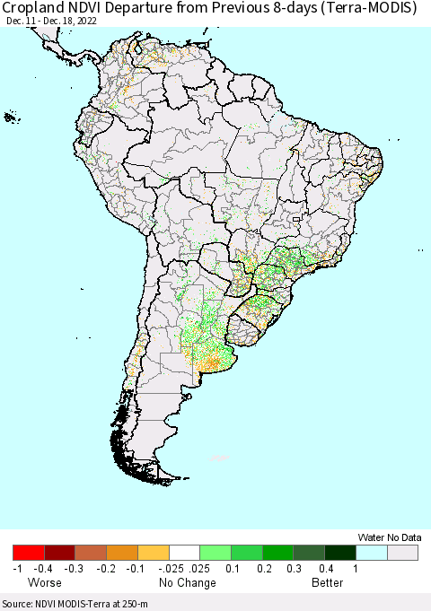South America Cropland NDVI Departure from Previous 8-days (Terra-MODIS) Thematic Map For 12/11/2022 - 12/18/2022