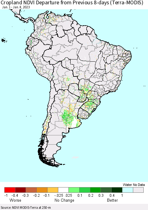 South America Cropland NDVI Departure from Previous 8-days (Terra-MODIS) Thematic Map For 1/1/2023 - 1/8/2023