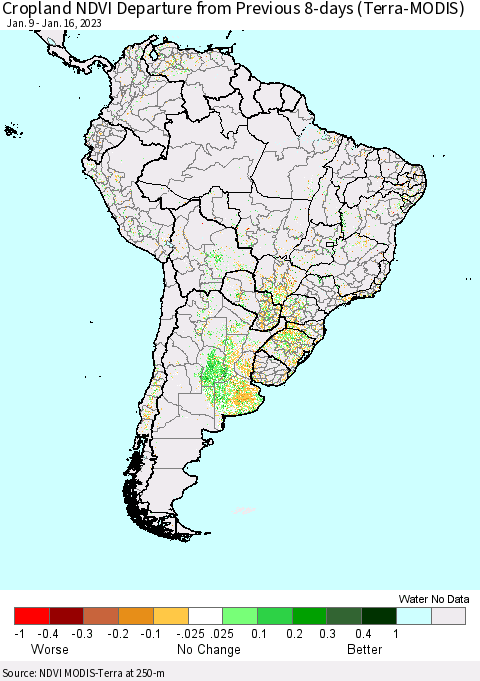 South America Cropland NDVI Departure from Previous 8-days (Terra-MODIS) Thematic Map For 1/9/2023 - 1/16/2023