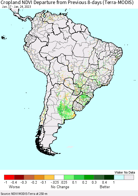 South America Cropland NDVI Departure from Previous 8-days (Terra-MODIS) Thematic Map For 1/17/2023 - 1/24/2023