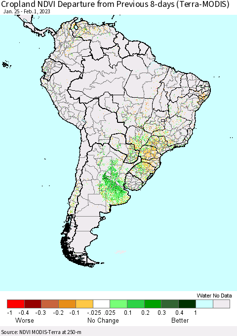 South America Cropland NDVI Departure from Previous 8-days (Terra-MODIS) Thematic Map For 1/25/2023 - 2/1/2023