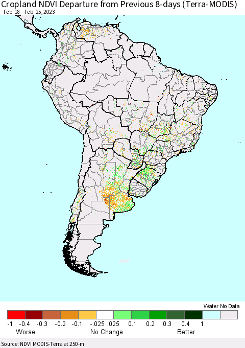South America Cropland NDVI Departure from Previous 8-days (Terra-MODIS) Thematic Map For 2/18/2023 - 2/25/2023