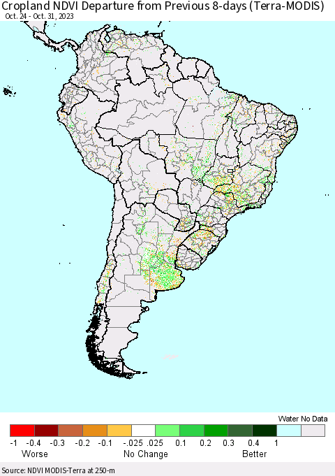 South America Cropland NDVI Departure from Previous 8-days (Terra-MODIS) Thematic Map For 10/24/2023 - 10/31/2023